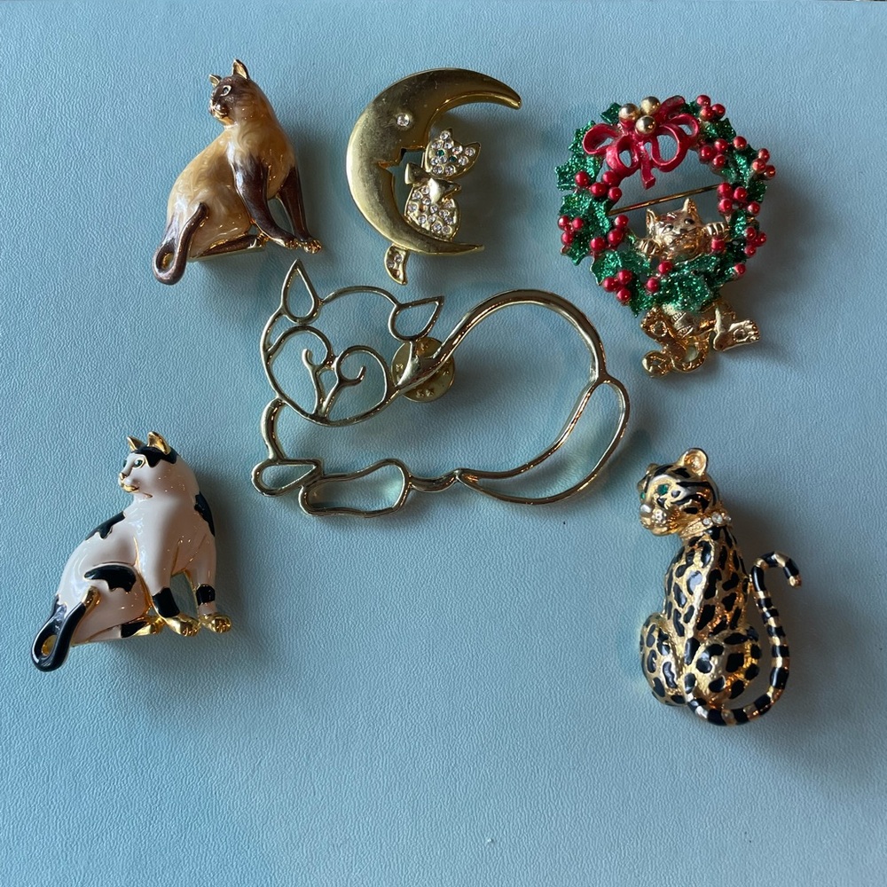 Vintage 6 Cat Brooches